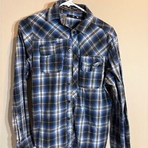 Carbon Blue and Black Plaid Casual Button-Down Shirt